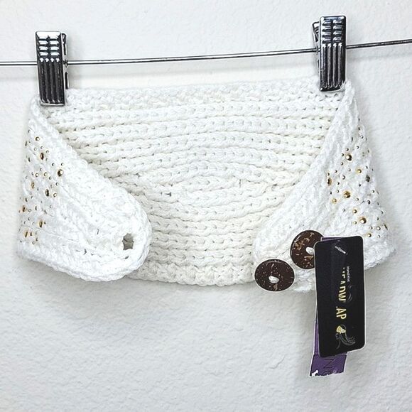 DAVID & YOUNG NWT White Gold Hand Knit Headband Ear Warmer OS Buttons Snow Cold - Picture 4 of 11